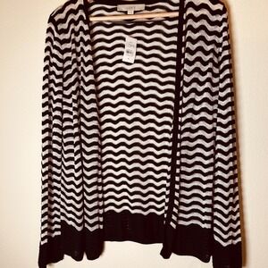 LOFT Women's Black‎ White Chevron Zig Zag Knit Cardigan Sweater Medium M
